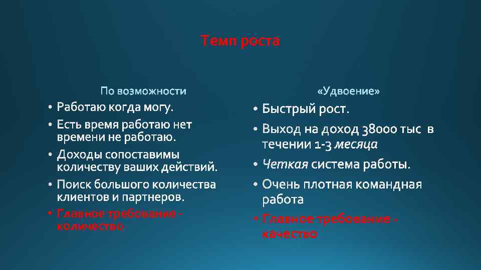 Темп роста • Главное требование - количество • Главное требование - качество 