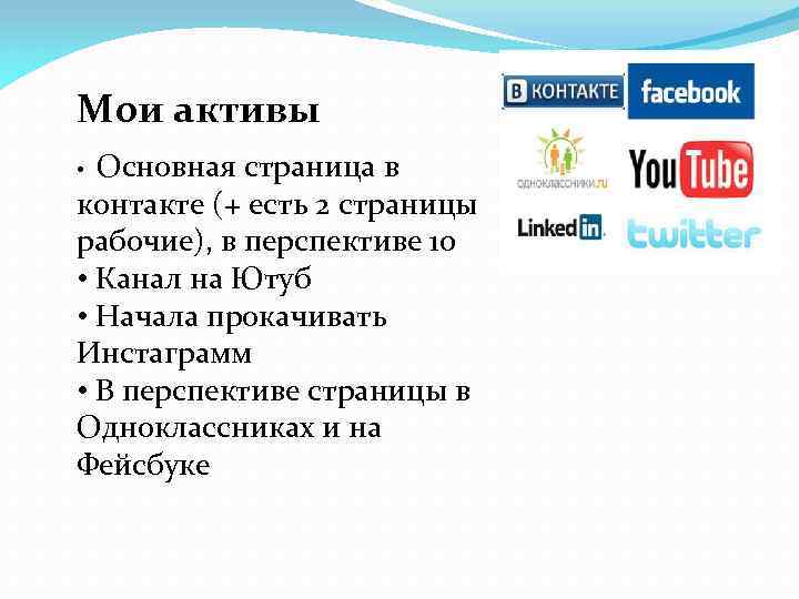Мои активы Основная страница в контакте (+ есть 2 страницы рабочие), в перспективе 10