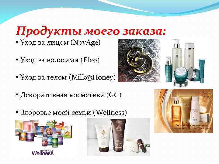 Продукты моего заказа: • Уход за лицом (Nov. Age) • Уход за волосами (Eleo)