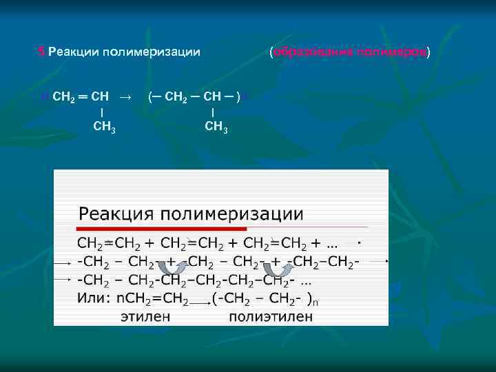 5. Реакции полимеризации n CH 2 ═ CH → ׀ CH 3 (─ CH