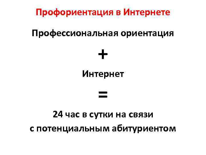 Профориентация в Интернете Профессиональная ориентация + Интернет = 24 час в сутки на связи