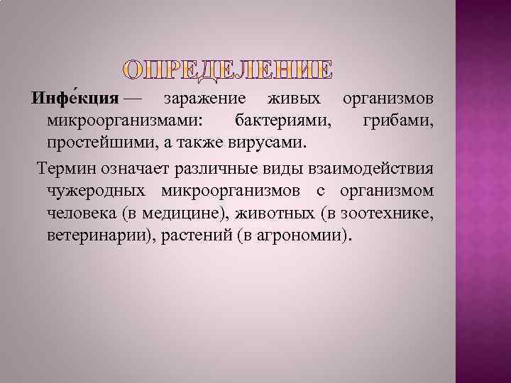 Инфе кция — заражение живых организмов микроорганизмами: бактериями, грибами, простейшими, а также вирусами. Термин