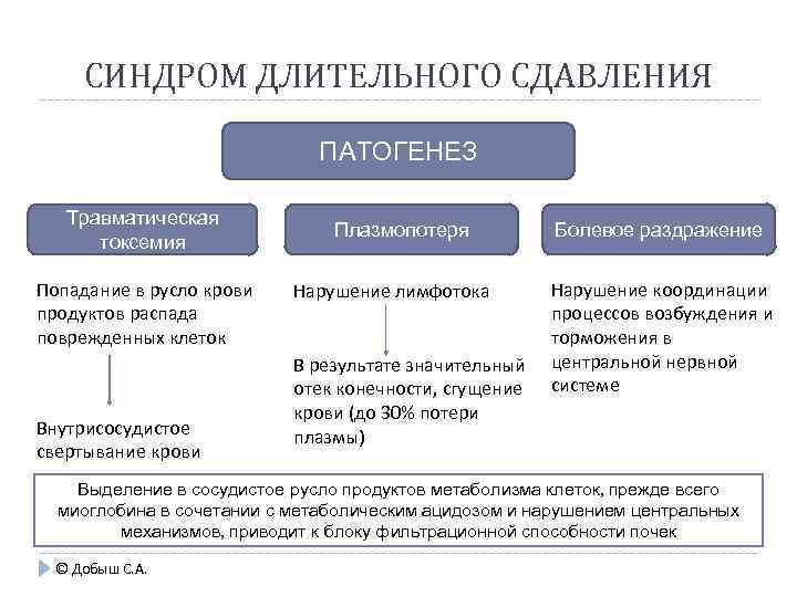 СИНДРОМ ДЛИТЕЛЬНОГО СДАВЛЕНИЯ ПАТОГЕНЕЗ Травматическая токсемия Попадание в русло крови продуктов распада поврежденных клеток