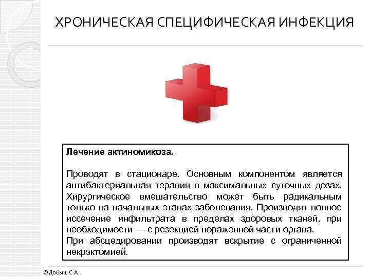 ХРОНИЧЕСКАЯ СПЕЦИФИЧЕСКАЯ ИНФЕКЦИЯ Лечение актиномикоза. Проводят в стационаре. Основным компонентом является антибактериальная терапия в