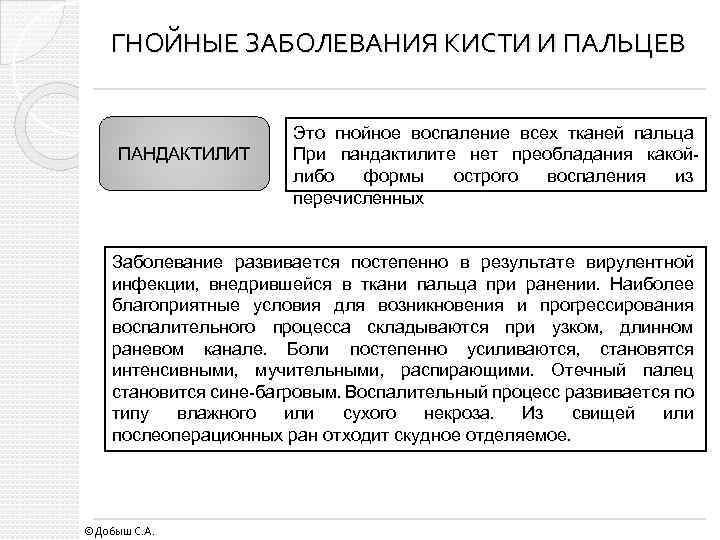 ГНОЙНЫЕ ЗАБОЛЕВАНИЯ КИСТИ И ПАЛЬЦЕВ ПАНДАКТИЛИТ Это гнойное воспаление всех тканей пальца При пандактилите