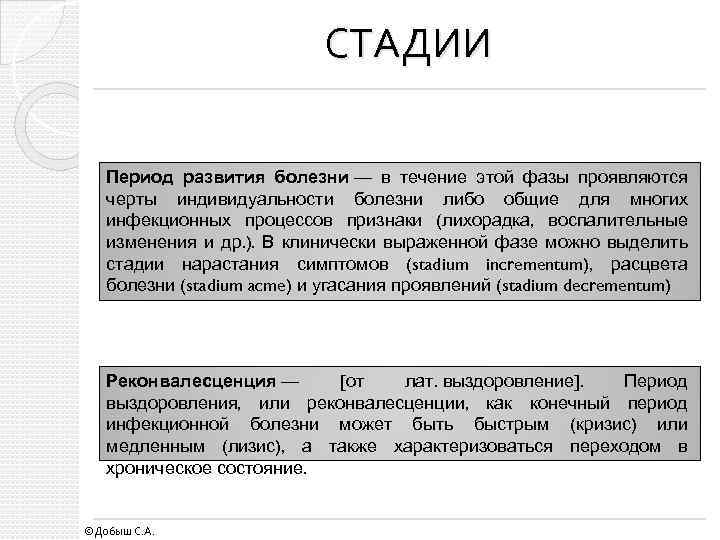 СТАДИИ Период развития болезни — в течение этой фазы проявляются черты индивидуальности болезни либо