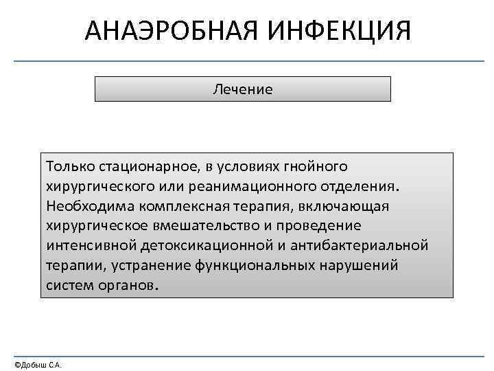 АНАЭРОБНАЯ ИНФЕКЦИЯ Лечение Только стационарное, в условиях гнойного хирургического или реанимационного отделения. Необходима комплексная