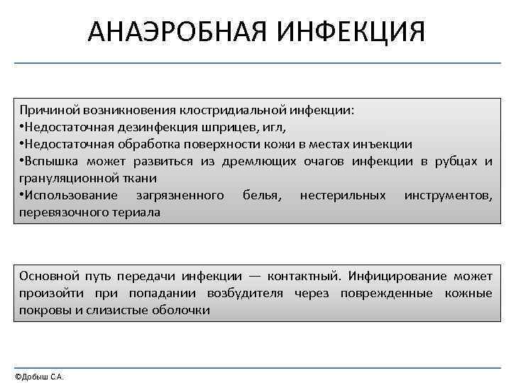 АНАЭРОБНАЯ ИНФЕКЦИЯ Причиной возникновения клостридиальной инфекции: • Недостаточная дезинфекция шприцев, игл, • Недостаточная обработка