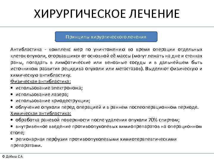 ХИРУРГИЧЕСКОЕ ЛЕЧЕНИЕ Принципы хирургического лечения Антибластика - комплекс мер по уничтожению во время операции