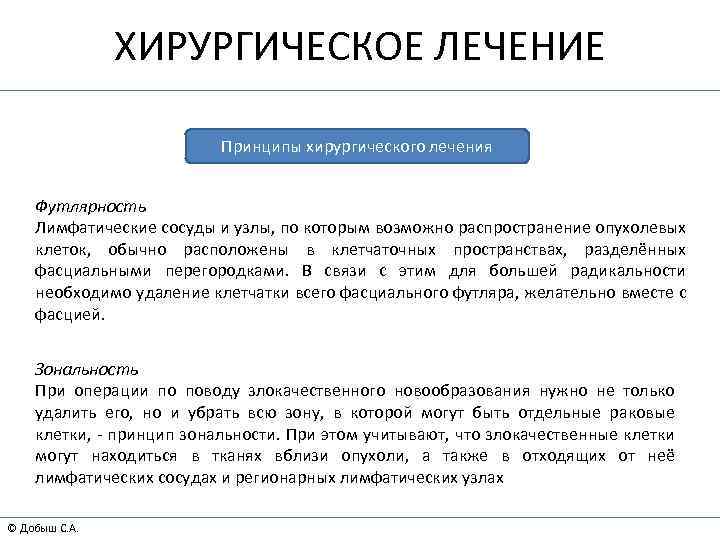 ХИРУРГИЧЕСКОЕ ЛЕЧЕНИЕ Принципы хирургического лечения Футлярность Лимфатические сосуды и узлы, по которым возможно распространение