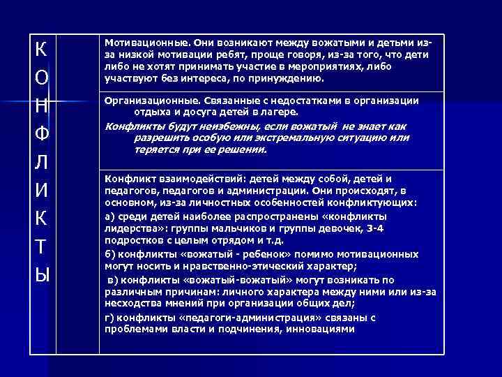 К О Н Ф Л И К Т Ы Мотивационные. Они возникают между вожатыми