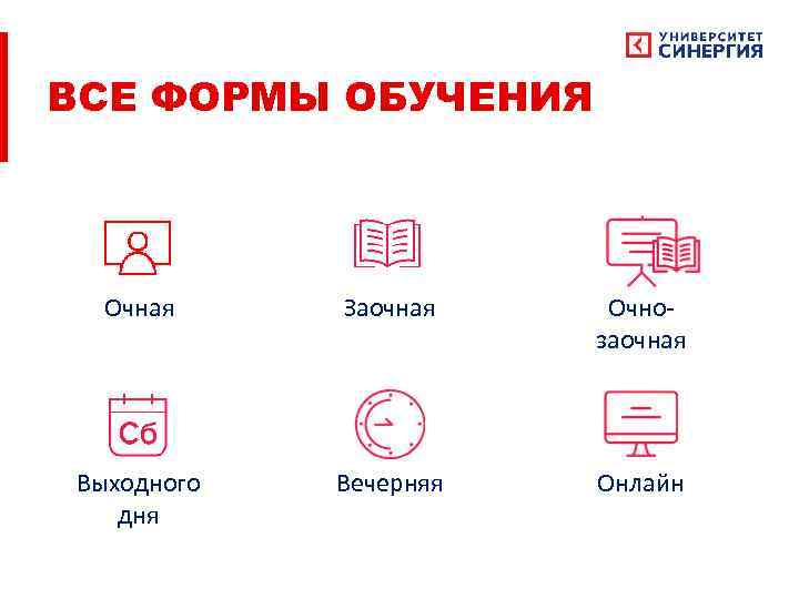 ВСЕ ФОРМЫ ОБУЧЕНИЯ Очная Заочная Очнозаочная Выходного дня Вечерняя Онлайн 