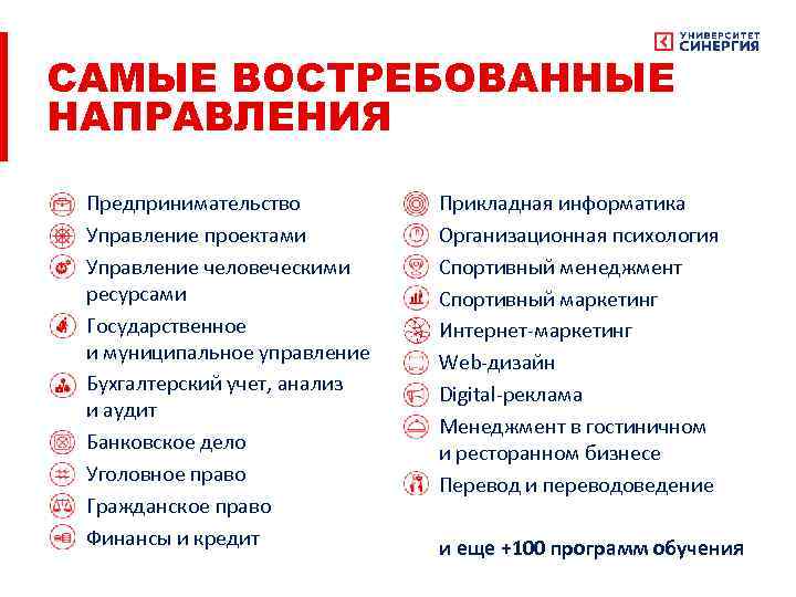 САМЫЕ ВОСТРЕБОВАННЫЕ НАПРАВЛЕНИЯ Предпринимательство Управление проектами Управление человеческими ресурсами Государственное и муниципальное управление Бухгалтерский