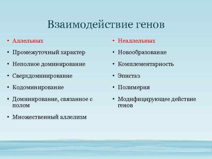Взаимодействие генов • Аллельных • Неаллельных • Промежуточный характер • Новообразование • Неполное доминирование