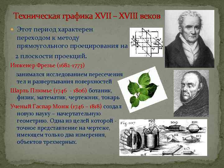 Техническая графика XVII – XVIII веков Этот период характерен переходом к методу прямоугольного проецирования
