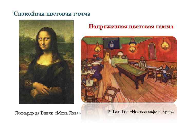 Спокойная цветовая гамма Напряженная цветовая гамма Леонардо да Винчи «Мона Лиза» В. Ван Гог