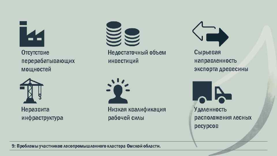 Отсутствие перерабатывающих мощностей Недостаточный объем инвестиций Сырьевая направленность экспорта древесины Неразвита инфраструктура Низкая квалификация