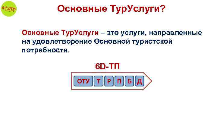 Основные Тур. Услуги? Основные Тур. Услуги – это услуги, направленные на удовлетворение Основной туристской