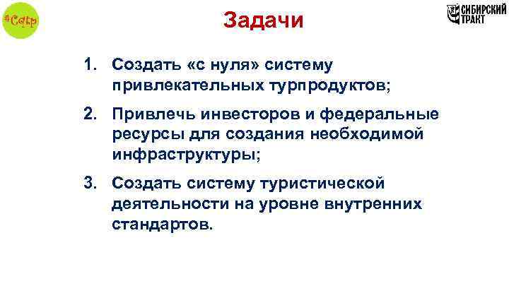 Задачи 1. Создать «с нуля» систему привлекательных турпродуктов; 2. Привлечь инвесторов и федеральные ресурсы