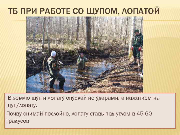 ТБ ПРИ РАБОТЕ СО ЩУПОМ, ЛОПАТОЙ В землю щуп и лопату опускай не ударами,