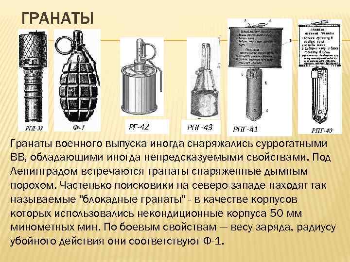 ГРАНАТЫ РГ-42 РПГ-43 РПГ-41 Гранаты военного выпуска иногда снаряжались суррогатными ВВ, обладающими иногда непредсказуемыми