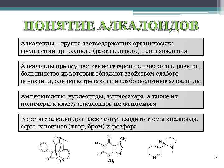 ПОНЯТИЕ АЛКАЛОИДОВ Алкалоиды – группа азотсодержащих органических соединений природного (растительного) происхождения Алкалоиды преимущественно гетероциклического