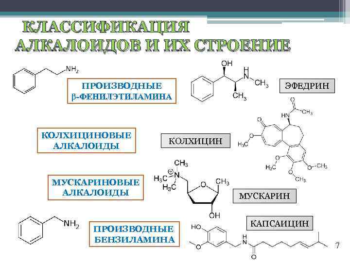 КЛАССИФИКАЦИЯ АЛКАЛОИДОВ И ИХ СТРОЕНИЕ ПРОИЗВОДНЫЕ β-ФЕНИЛЭТИЛАМИНА КОЛХИЦИНОВЫЕ АЛКАЛОИДЫ ЭФЕДРИН КОЛХИЦИН МУСКАРИНОВЫЕ АЛКАЛОИДЫ ПРОИЗВОДНЫЕ