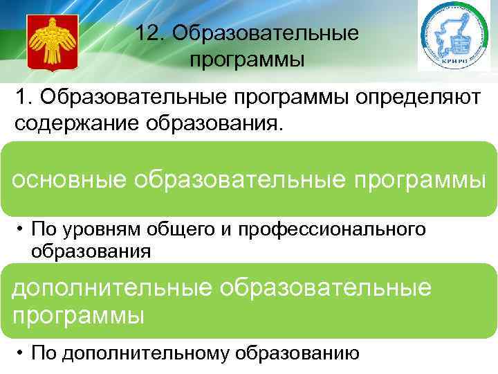 12. Образовательные программы 1. Образовательные программы определяют содержание образования. основные образовательные программы • По
