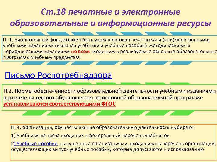 Ст. 18 печатные и электронные образовательные и информационные ресурсы П. 1. Библиотечный фонд должен