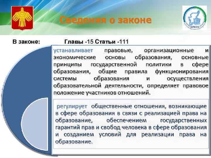 Сведения о законе В законе: Главы -15 Статьи -111 