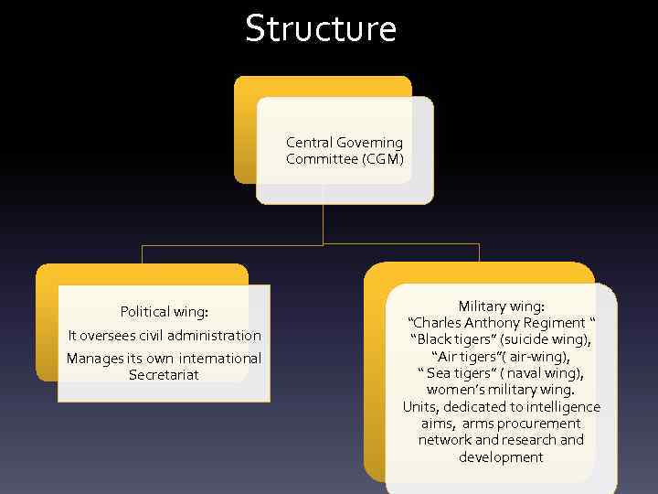 Structure Central Governing Committee (CGM) Political wing: It oversees civil administration Manages its own