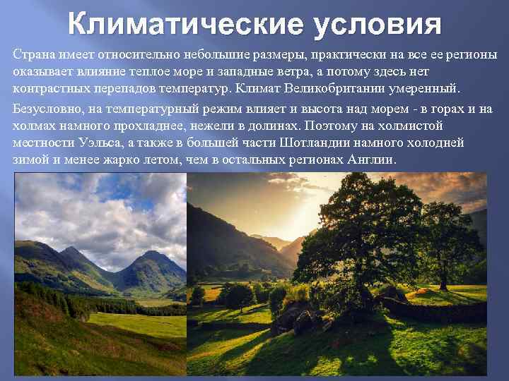 Климатические условия Страна имеет относительно небольшие размеры, практически на все ее регионы оказывает влияние