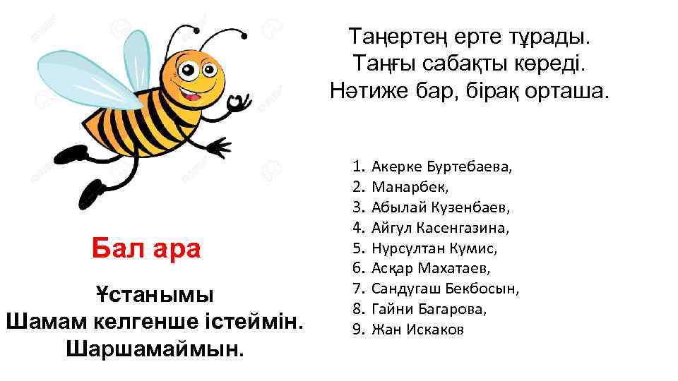 Таңертең ерте тұрады. Таңғы сабақты көреді. Нәтиже бар, бірақ орташа. Бал ара Ұстанымы Шамам