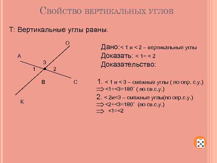 СВОЙСТВО ВЕРТИКАЛЬНЫХ УГЛОВ Т: Вертикальные углы равны. О Дано: < 1 и < 2