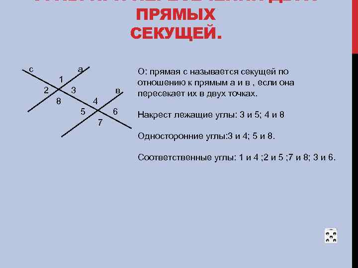 Углы при пересечении прямых секущей