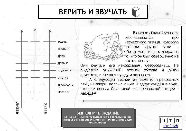 ВЕРИТЬ И ЗВУЧАТЬ МАСТЕР ЭКСПЕРТ ДЕЛО ДЕЛЬЦЕ ОТДАВАТЬ УЧЕНИК ПРОБОВАТЬ Я ВЕРЮ Я ЗВУЧУ