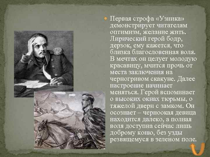  Первая строфа «Узника» демонстрирует читателям оптимизм, желание жить. Лирический герой бодр, дерзок, ему