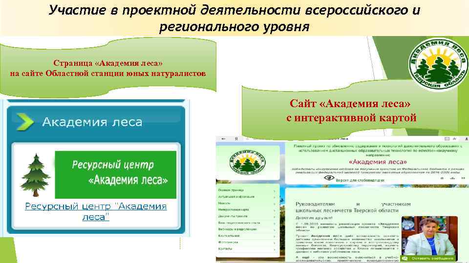 Участие в проектной деятельности всероссийского и регионального уровня Страница «Академия леса» на сайте Областной