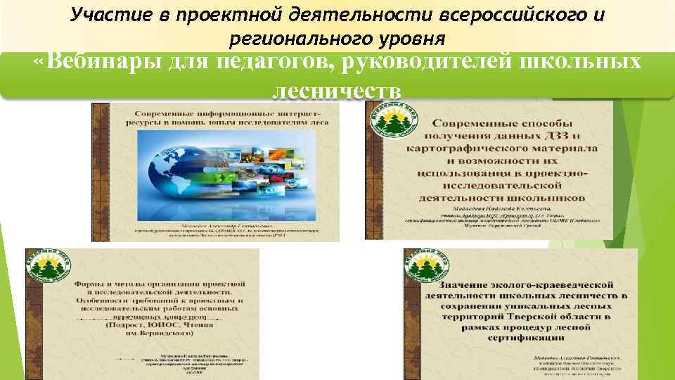 Участие в проектной деятельности всероссийского и регионального уровня «Вебинары для педагогов, руководителей школьных лесничеств