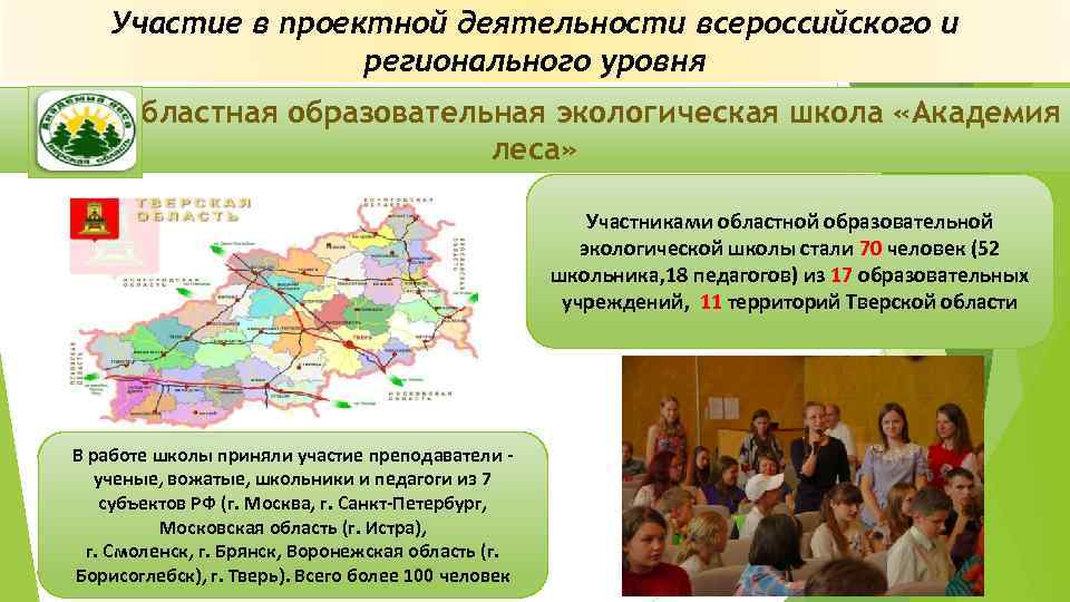 Участие в проектной деятельности всероссийского и регионального уровня Областная образовательная экологическая школа «Академия леса»