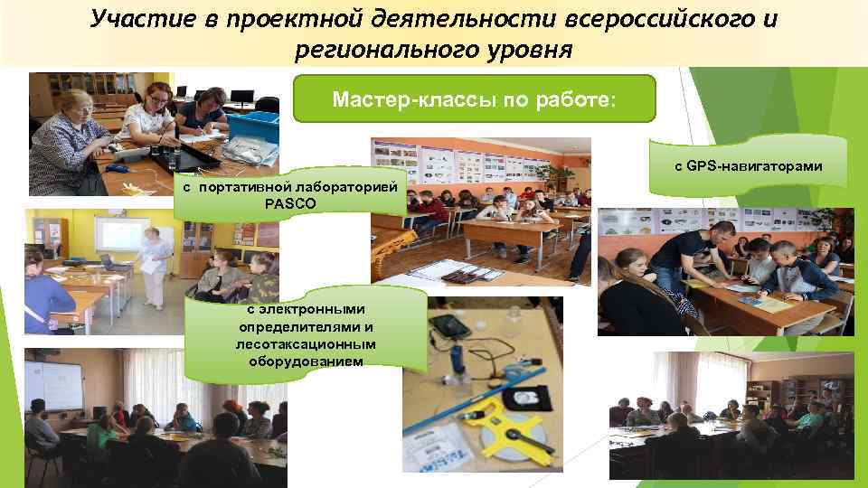 Участие в проектной деятельности всероссийского и регионального уровня Мастер-классы по работе: с GPS-навигаторами с