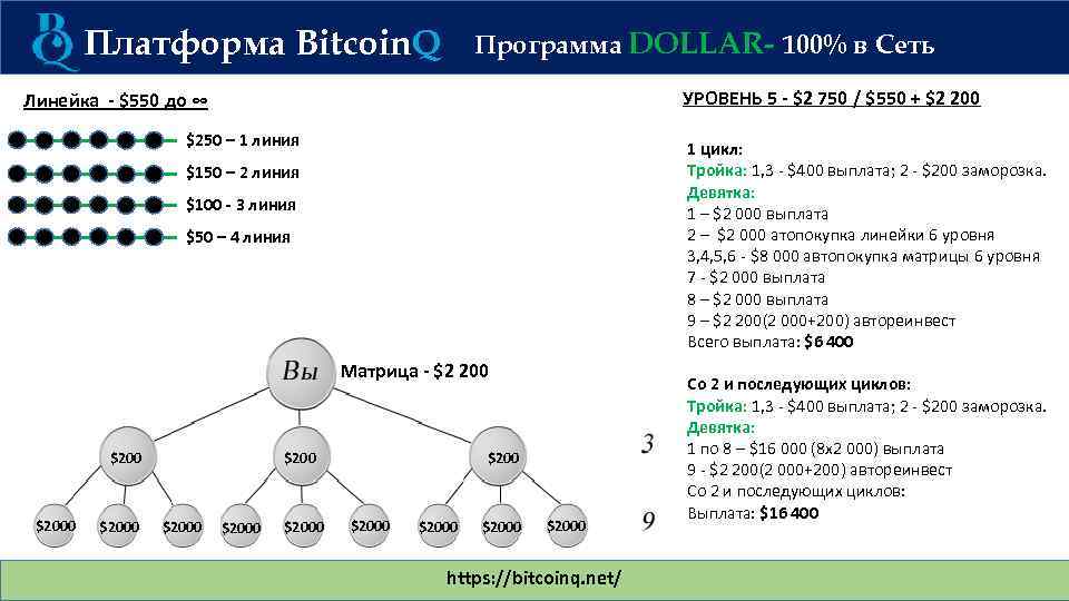 Платформа Bitcoin. Q Программа DOLLAR- 100% в Сеть УРОВЕНЬ 5 - $2 750 /