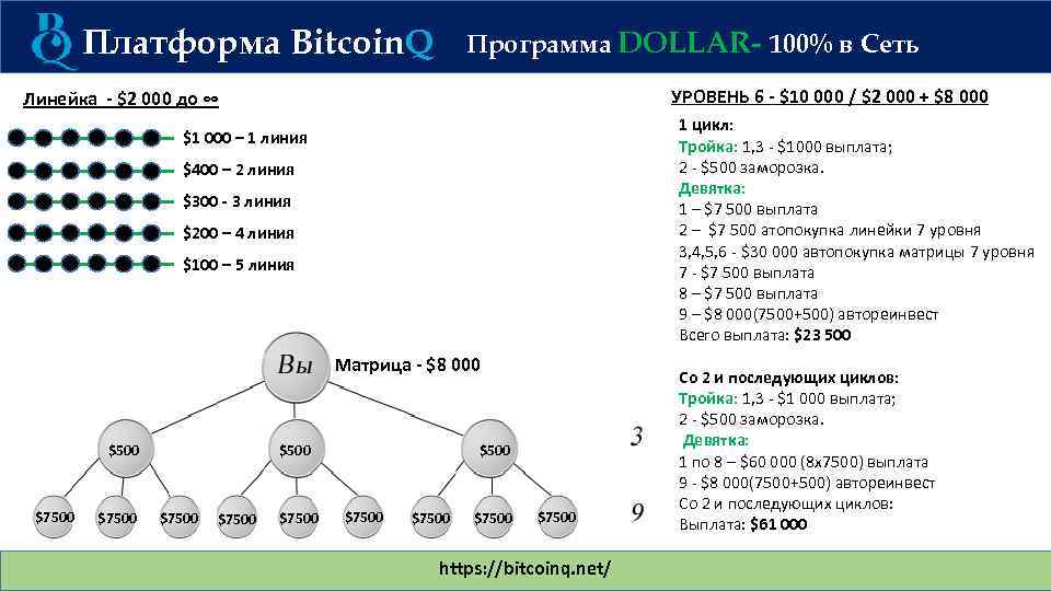 Платформа Bitcoin. Q Программа DOLLAR- 100% в Сеть УРОВЕНЬ 6 - $10 000 /