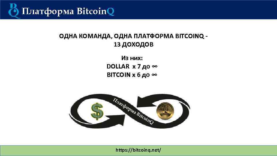 Платформа Bitcoin. Q ОДНА КОМАНДА, ОДНА ПЛАТФОРМА BITCOINQ 13 ДОХОДОВ Из них: DOLLAR х