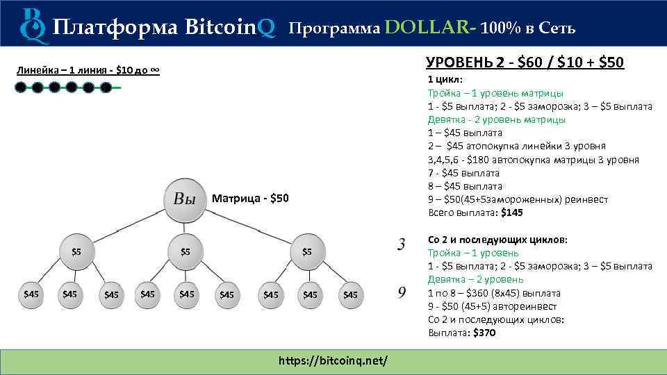 Платформа Bitcoin. Q Программа DOLLAR- 100% в Сеть УРОВЕНЬ 2 - $60 / $10