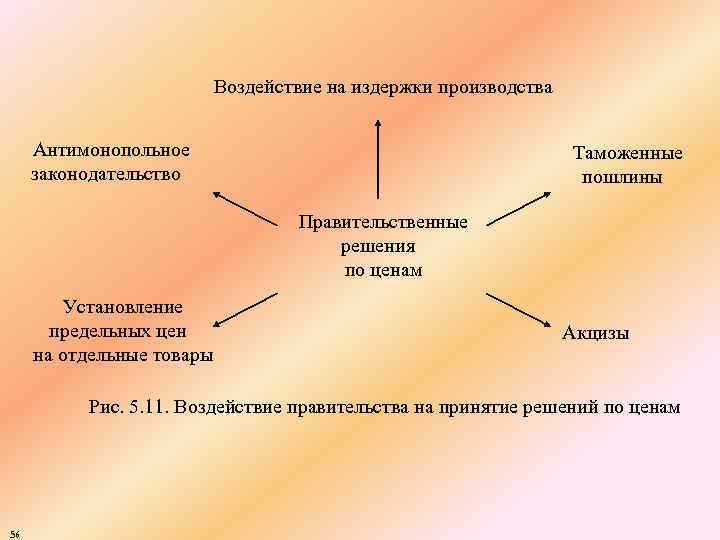 Воздействие на издержки производства Антимонопольное законодательство Таможенные пошлины Правительственные решения по ценам Установление предельных