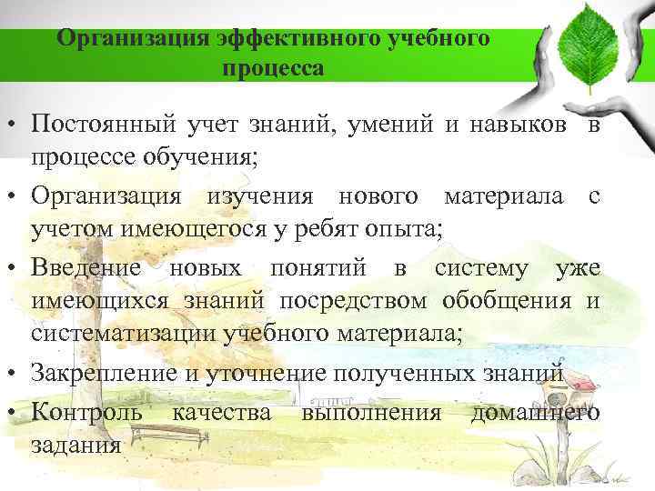 Организация эффективного учебного процесса • Постоянный учет знаний, умений и навыков в процессе обучения;