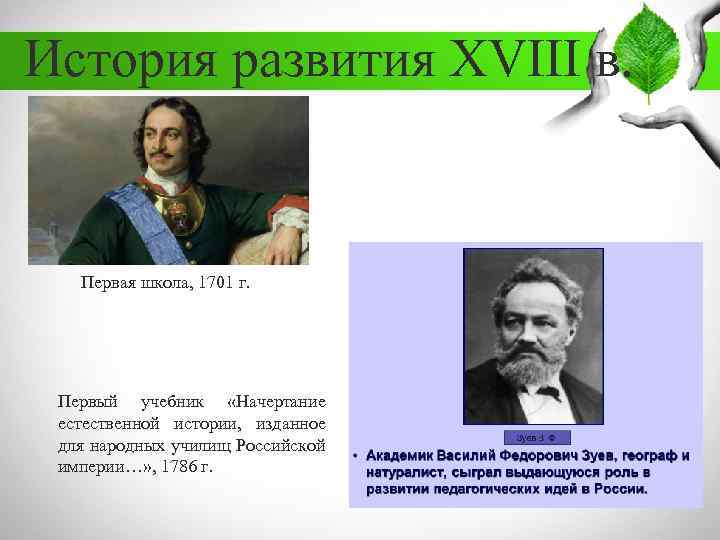 История развития XVIII в. Первая школа, 1701 г. Первый учебник «Начертание естественной истории, изданное