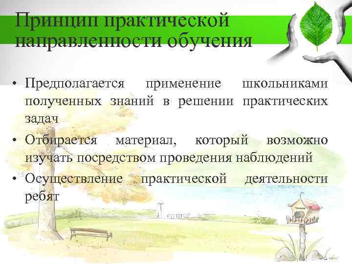 Принцип практической направленности обучения • Предполагается применение школьниками полученных знаний в решении практических задач