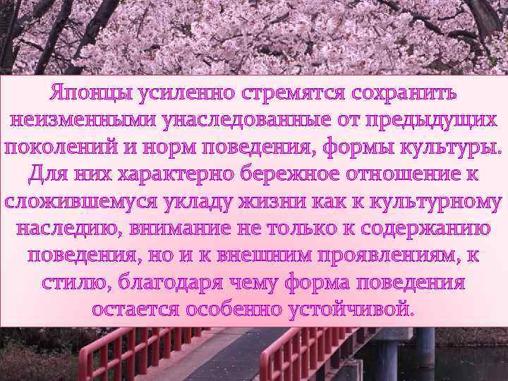 Японцы усиленно стремятся сохранить неизменными унаследованные от предыдущих поколений и норм поведения, формы культуры.
